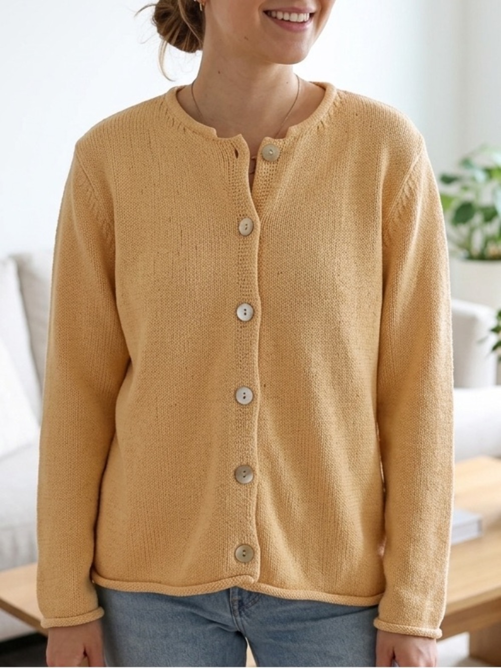 Luxury Eclectic Grandpa Silk/Cotton Blend Button-Front Cardigan - Soft Yellow